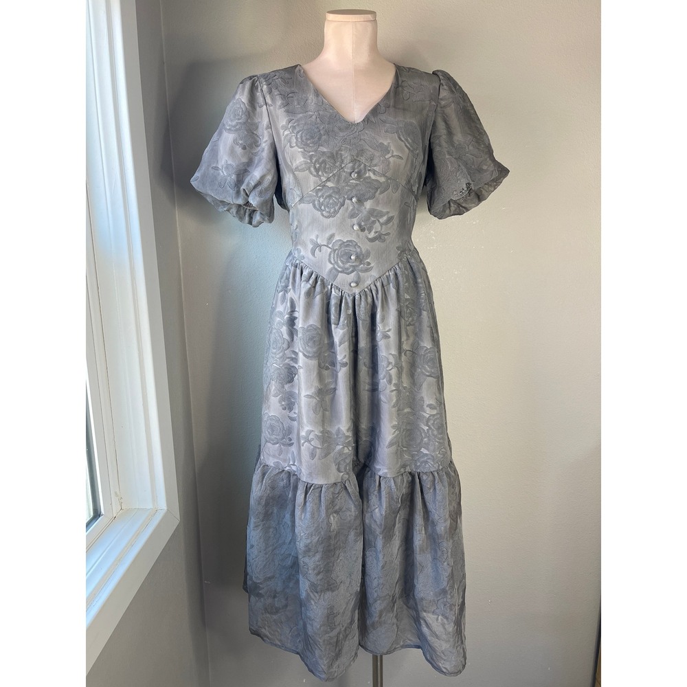 Just Me Midi Dress Burnout Velvet Grey Floral Jacquard Puff Sleeve V-Neck Tiered